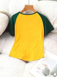 SHEIN Áo thun ngắn tay in chữ dành cho nữ tuổi teen, kiểu dáng thường ngày, đa năng, thích hợp mặc hàng ngày. - Màu vàng - Xem 2