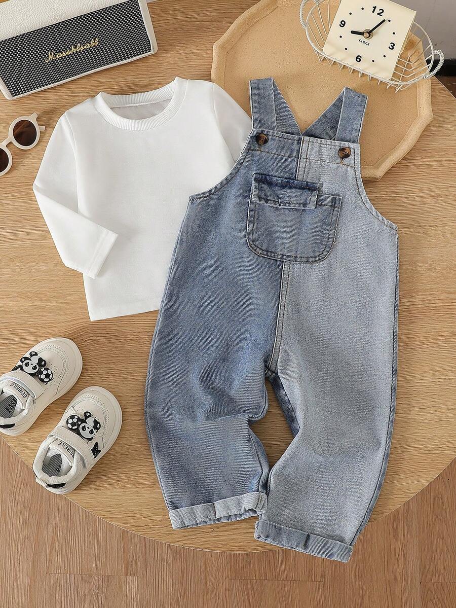 SHEIN Baby Boy Casual Basic Long Sleeve T-Shirt And Pocket Denim Bib Pants Set - Blue - View 1