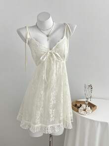 Elamini 女士蕾丝拼接系带Y2K连衣裙 - 杏色 - 查看 4