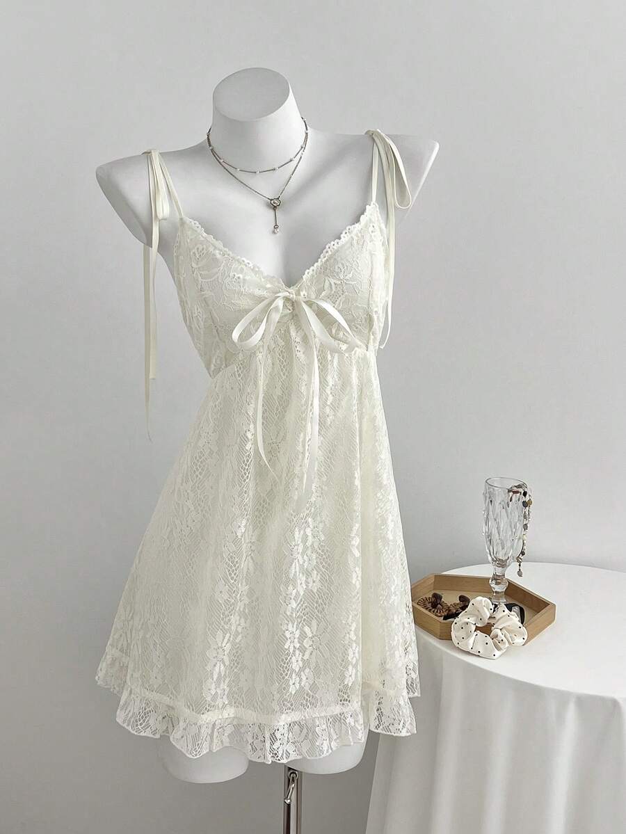 Elamini Đầm ren ghép mảnh kiểu Y2K dành cho nữ - Màu be - Xem 1