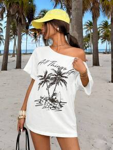 Muchica 新款热带印花休闲宽松单肩女式T恤 - 白色 - 查看 4