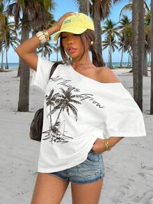 Muchica 新款热带印花休闲宽松单肩女式T恤 - 白色 - 查看 5