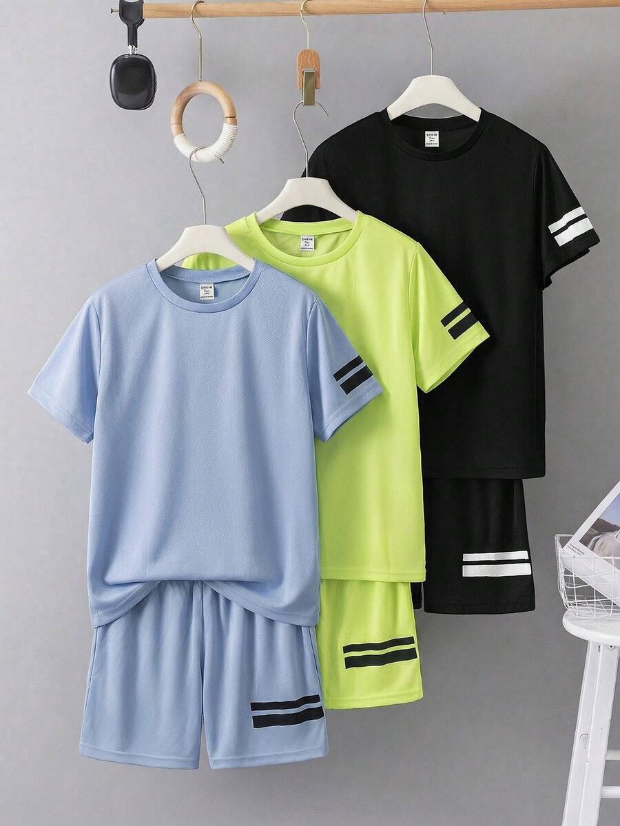 SHEIN 6件套青少年男童休闲短袖T恤短裤套装,运动装,街头朋克摇滚风格,适合春夏穿着,蓝色、黑色、绿色 - 彩色 - 查看 1