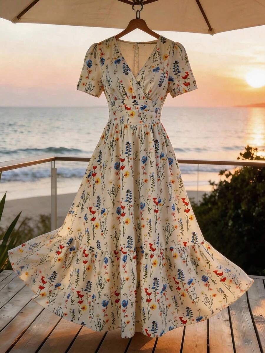 SHEIN Clasi Đầm nữ cổ chữ V tay ngắn họa tiết hoa, kiểu dáng thanh lịch, thích hợp cho kỳ nghỉ. - Nhiều màu - Xem 1