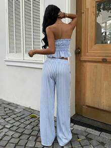 Sunnyshic 2pcs Women Blue Striped Pants Set, Fashion Versatile All-Match Casual Outfit For Daily, Beach, Holiday, Spring/Summer - Blue - View 2