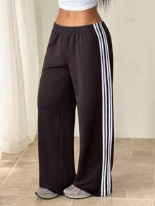 SHEIN PETITE Women's Knit Casual Sweatpants With Side Stripe, Deep Brown - Chocolate Brown - View 5