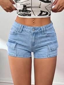 SHEIN PETITE Women's Sexy Tight Low Waist Super Short Denim Shorts, Blue Jorts - Light Wash - View 5