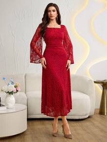 Modelyn French Square Collar Lace Rhinestone Embellished Fitted Long Sleeve Elegant Mid-Length Dress For Women - Burgundy - View 3