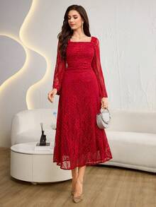 Modelyn French Square Collar Lace Rhinestone Embellished Fitted Long Sleeve Elegant Mid-Length Dress For Women - Burgundy - View 4