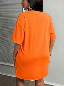 Slaydiva Vestido de manga corta con abertura lateral, hombros caídos y color rosa para vacaciones de principios de primavera en tallas grandes - Naranja - Ver 2