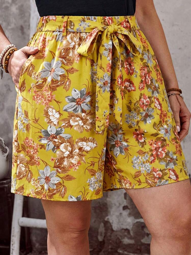 Plus Size Floral Print Drawstring Pocket Casual Loose Shorts, Summer