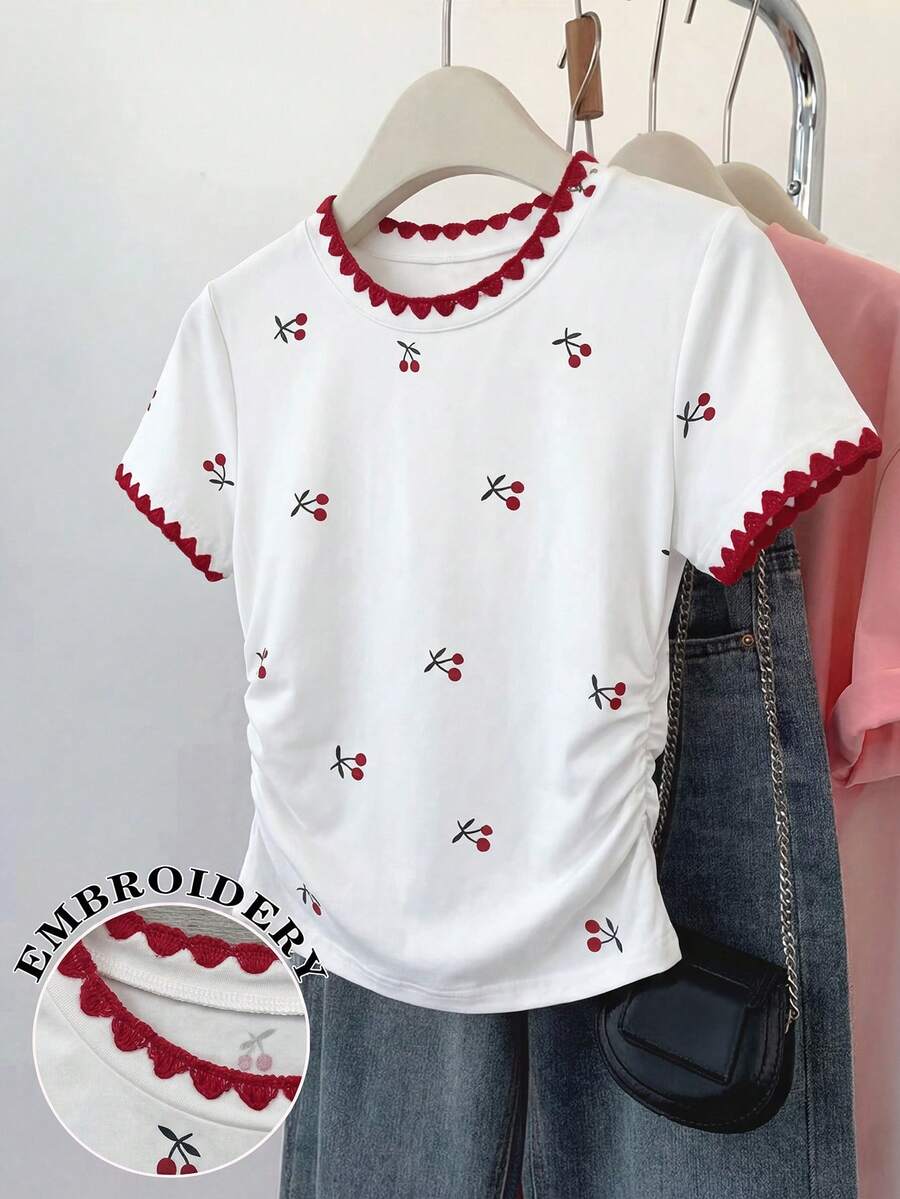 Tween Girls' Round Neck Short Sleeve Cherry Print Ruched T-Shirt, Summer - White - View 1