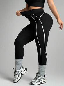 Rhythm Era Plus Size Women Contrast Color Slim Fit Casual Sports Leggings - Black and White - View 3