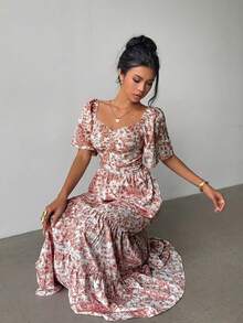 Selianne Summer Short Sleeve Vacation Beach Music Festival Pink Floral Print Dress - Rusty Rose - View 3