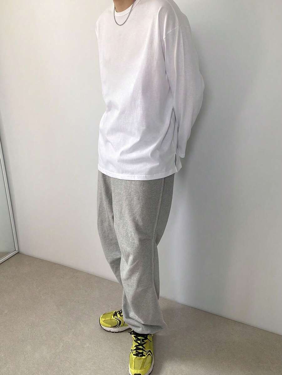 DAZY Men Cotton Solid Drop Shoulder White Long Sleeve T-Shirt Tee,Fall,Back To School - White - View 1