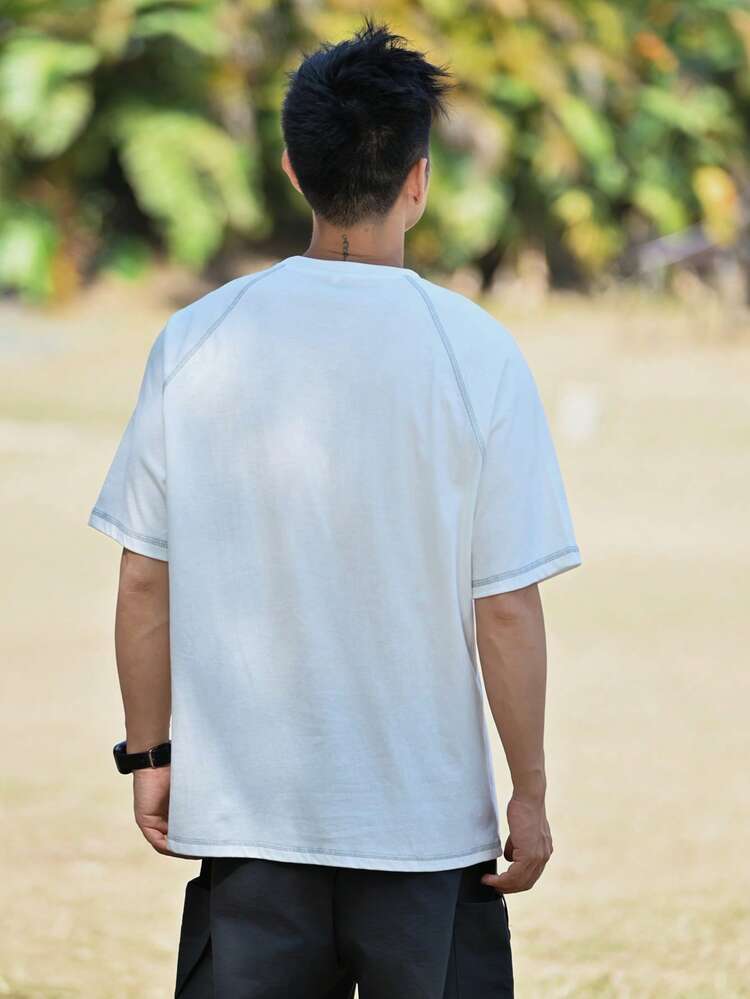 Men's Letter Print White Short Sleeve Crew Neck T-Shirt, Summer