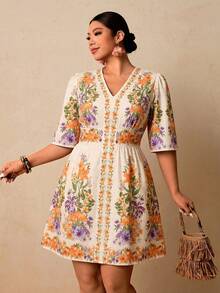 Travachic Vestido corto de mujer talla grande con estampado floral negro, cuello en V, manga corta, cintura ceñida, vestido romántico para vacaciones en una isla a principios de primavera, vestido bohemio - Albaricoque - Ver 1