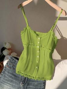 SHEIN Tall CURVE 大码女式蕾丝边休闲百搭日常吊带背心 - 橄欖綠 - 查看 5
