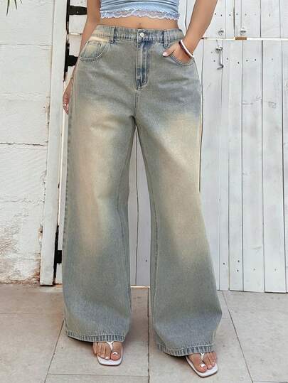 Dazy Plus Quần jeans ống rộng dài, màu xanh nhạt bạc màu, kiểu vintage, cỡ lớn dành cho nữ, phù hợp mọi mùa.