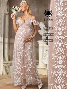 SHEIN Đầm bầu trễ vai bằng vải lưới thêu họa tiết thanh lịch, thích hợp cho tiệc tùng. - trắng - Xem 1