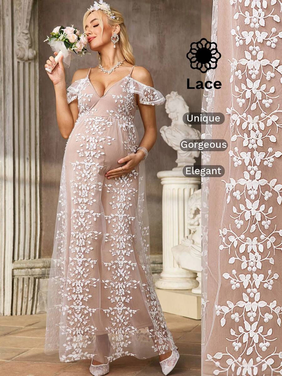 SHEIN Đầm bầu trễ vai bằng vải lưới thêu họa tiết thanh lịch, thích hợp cho tiệc tùng. - trắng - Xem 1