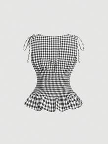 SHEIN MOD 女士无袖系带格子荷叶边下摆两件套，夏季 - 黑與白 - 查看 8