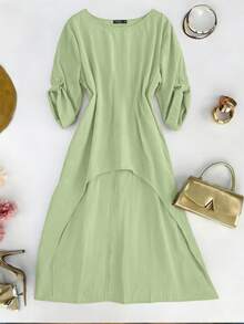 EMERY ROSE Áo sơ mi nữ cỡ lớn thời trang xuân/hè, phong cách tối giản thường ngày, màu trơn, cổ tròn, tay dài, có thể điều chỉnh, áo dài tay, cỡ lớn dành cho nữ, đồ đi biển. - màu xanh lá - Xem 5