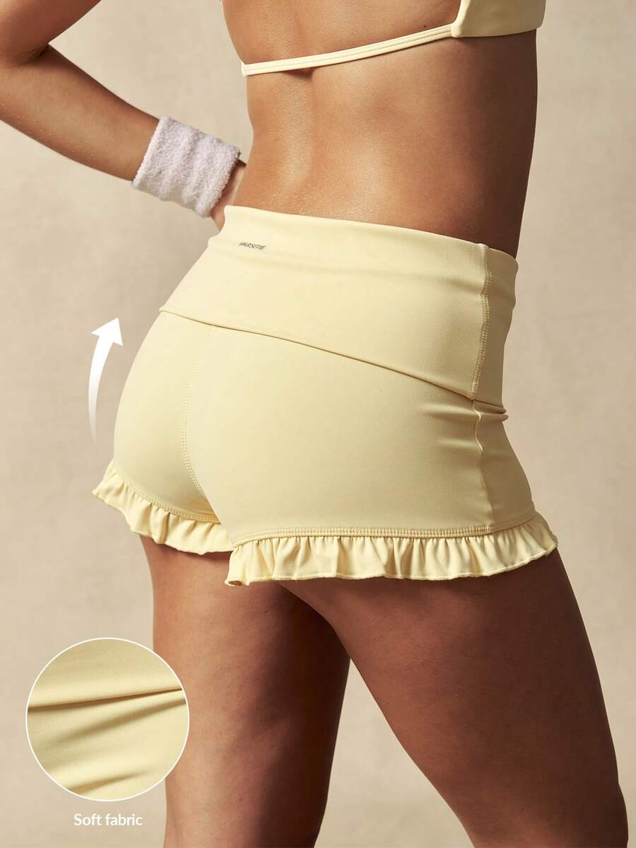 VARSIVA Women's Solid Color Ruffle Hem Sports Shorts, Summer - Yellow - View 1