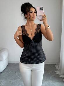 Rafferiza Women's Elegant Sexy Vintage Black And White Polka Dot Polka Dot Lace Collar Sleeveless Top, Sweet Style For Dates Night Out Summer - Black - View 8