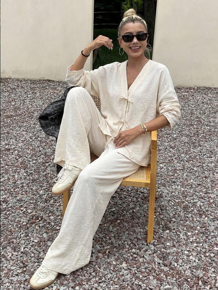 Spring & Summer Casual Vacation Style Beach Resort Outfit, Loose Cardigan Shirt And Straight Leg Pants 2 Pieces Set For Women