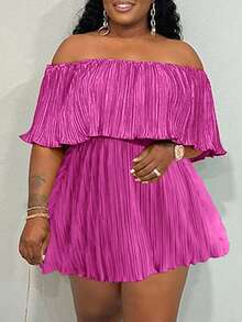 Slaydiva Off-Shoulder Ruffled Neckline Loose Green Dress In Pleated Fabric - Red Violet - View 1