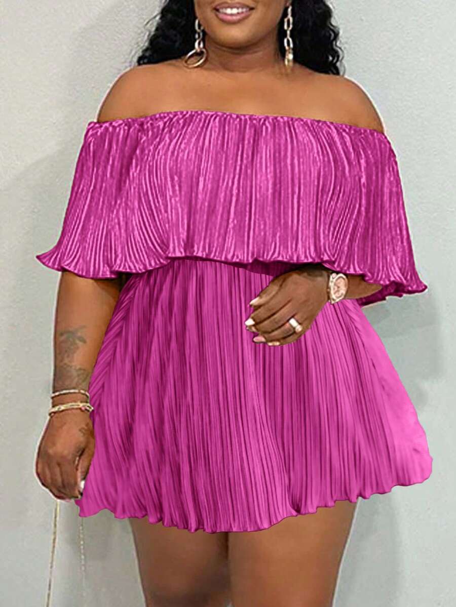 Slaydiva Off-Shoulder Ruffled Neckline Loose Green Dress In Pleated Fabric - Red Violet - View 1