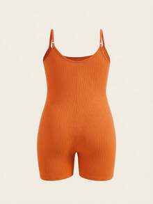 Slaydiva Plus Size Casual & Sports Sleeveless Solid Color Jumpsuit, Textured Ribbed Lightweight Fabric, Short Style For Women, Spring/Summer - Orange - View 2