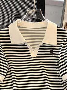 INAWLY Camiseta de rayas negras y blancas de estilo universitario, talla grande - Multicolor - Ver 3
