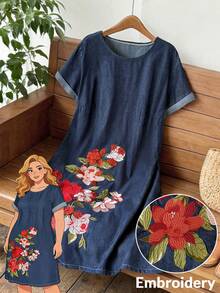Rusticease Plus Size Floral Embroidered Round Neck Short Sleeve Denim Dress - Blue - View 1