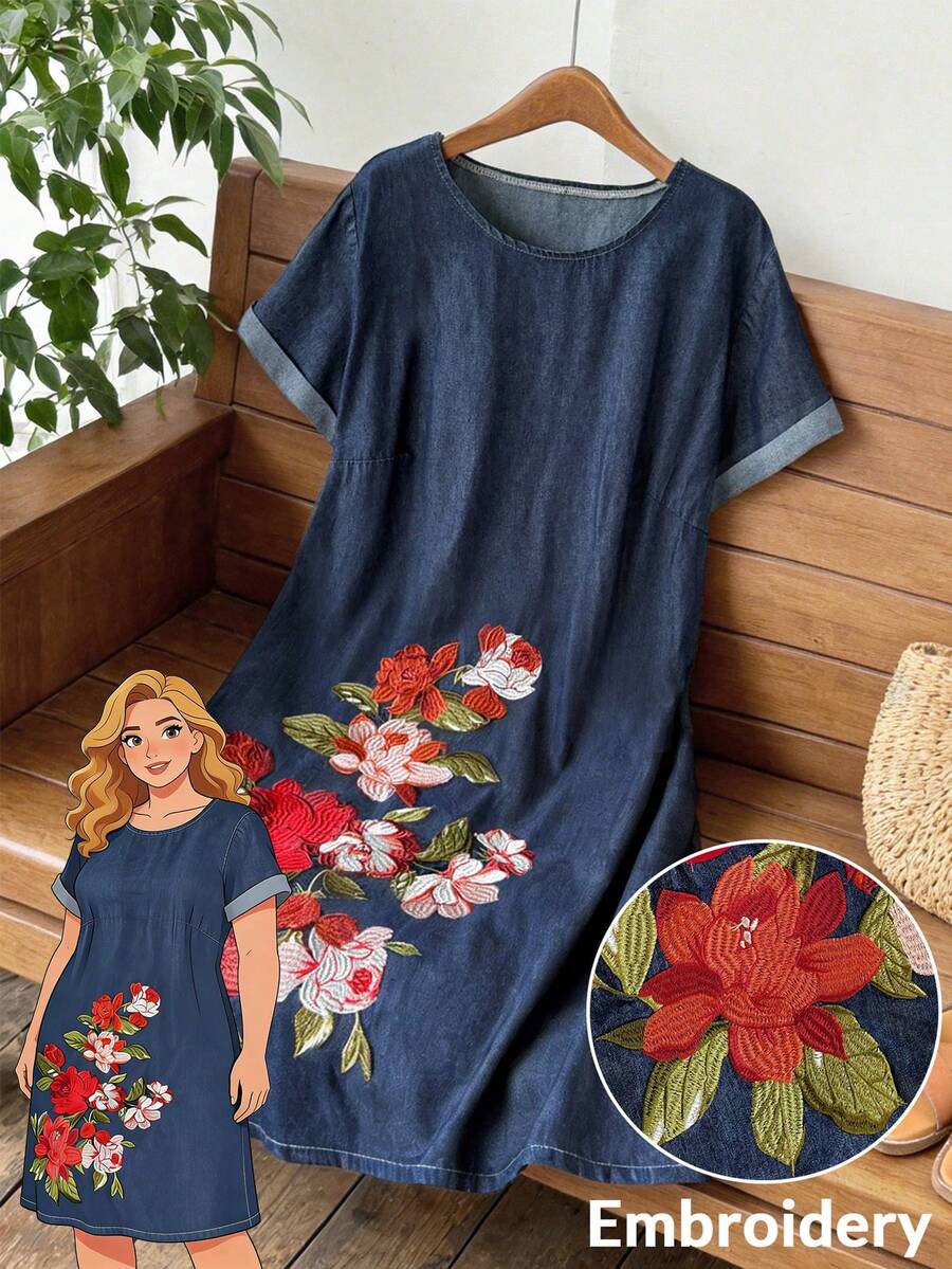 Rusticease Plus Size Floral Embroidered Round Neck Short Sleeve Denim Dress - Blue - View 1
