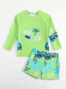 Conjunto de calção de banho de manga comprida com estampa de folhas para meninos, ideal para férias na praia e com proteção solar. - Verde - Ver 3