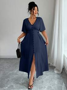 Elenzga Plus Size Women V-Neck Ruffle Trim Short Sleeve Elegant Button Design Dress - Navy Blue - View 3