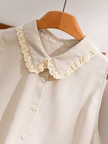 CosyJoli Camisa de mujer de talla grande con botones, sin mangas y con volantes en el bajo, de unicolor - Albaricoque - Ver 7