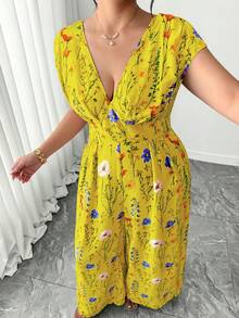 Elenzga 大码女式V领收腰休闲度假风杏色印花连体裤 - 黃色 - 查看 7