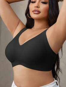 SHEIN Sutiã Plus Size Sem Costura Para Mulheres Com Tiras De Gel E Suporte Macio, Sutiã Lift Up Sem Fio - Preto - Ver 4