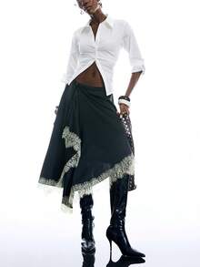 LYSMO Chân váy ren ghép mảnh vạt bất đối xứng dành cho nữ - màu đen - Xem 5