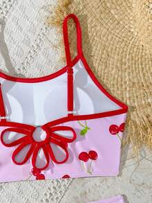 SHEIN Áo hai dây bikini kiểu dáng giản dị in hình hoa anh đào dành cho bé gái tuổi teen, thích hợp cho bãi biển, hồ bơi, tiệc tùng. - Màu Hồng baby - Xem 4