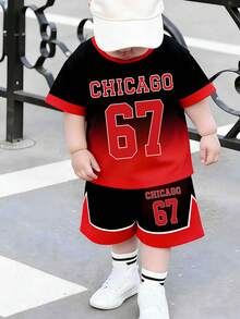 2pcs/Set Toddler Boys' Casual Creative Numeric 67 Chicago Gradient Letter Graphic Print Short Sleeve T-Shirt And Shorts Set, Comfortable Daily Wear, Suitable For Spring, Summer - Multicolor - View 3