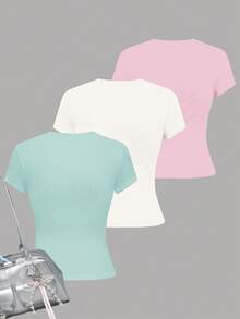 3件套少女多巴胺彩色花卉T恤，奶油绿、奶油粉、白色，少女休闲简约圆领短袖基础款T恤三件套，适合春夏日常穿着、居家、度假、春夏穿搭，舒适易穿，儿童套装，春日气息，时尚女孩，休闲装，婴幼儿图案服装，春夏服装，别致，新款式，春夏时尚，返校节，夏季连衣裙，度假风情 - 白色 - 查看 2