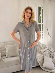 Áo khoác cardigan cổ bẻ dáng suông cơ bản cho nữ, viền bèo nhún, thích hợp mặc nhà. - Màu Xám nhạt - Xem 5