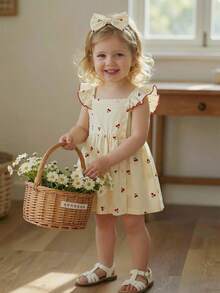 女婴樱桃印花荷叶边下摆休闲连衣裙，夏季 - 杏色 - 查看 2