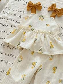 SHEIN LMoss Kids LMoss 女婴夏季可爱条纹吊带背心和松紧腰裤，格子图案套装夏季两件套，夏季套装 - 彩色 - 查看 6