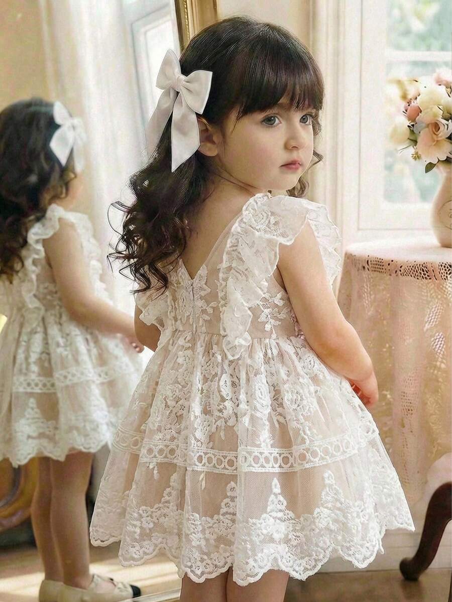 Babygirl Elegant Cute White Floral Embroidery Mesh Ruffle Hem Princess Dress - White - View 1
