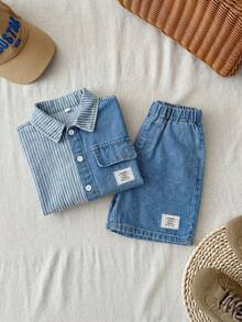 SHEIN 2件套 男童宽松牛仔蓝短袖衬衫和短裤套装 - 淺色水洗藍 - 查看 7